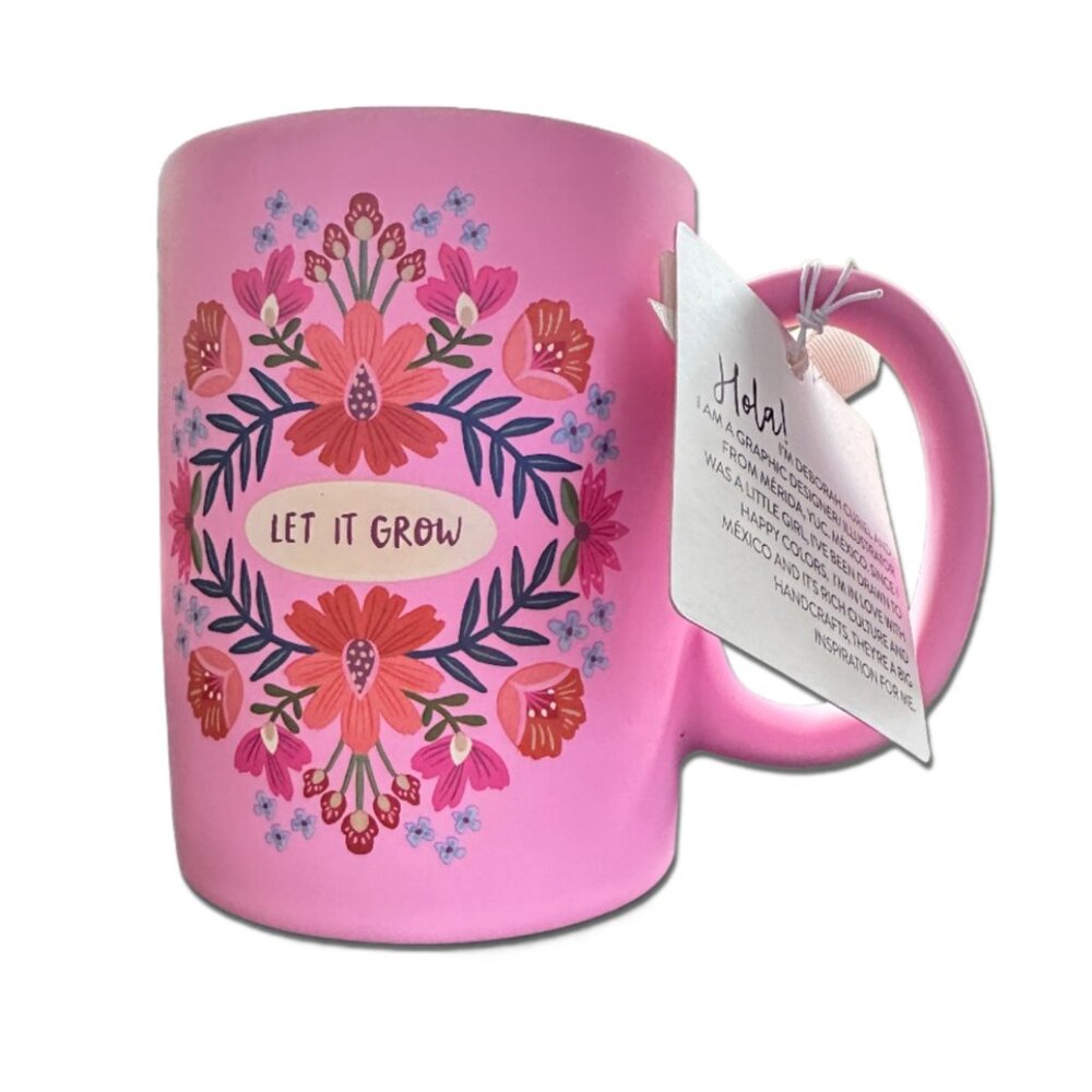 NWT Deborah Curie "Let It Grow" Pink Floral Folk Art Coffee Mug - Picture 3 of 4